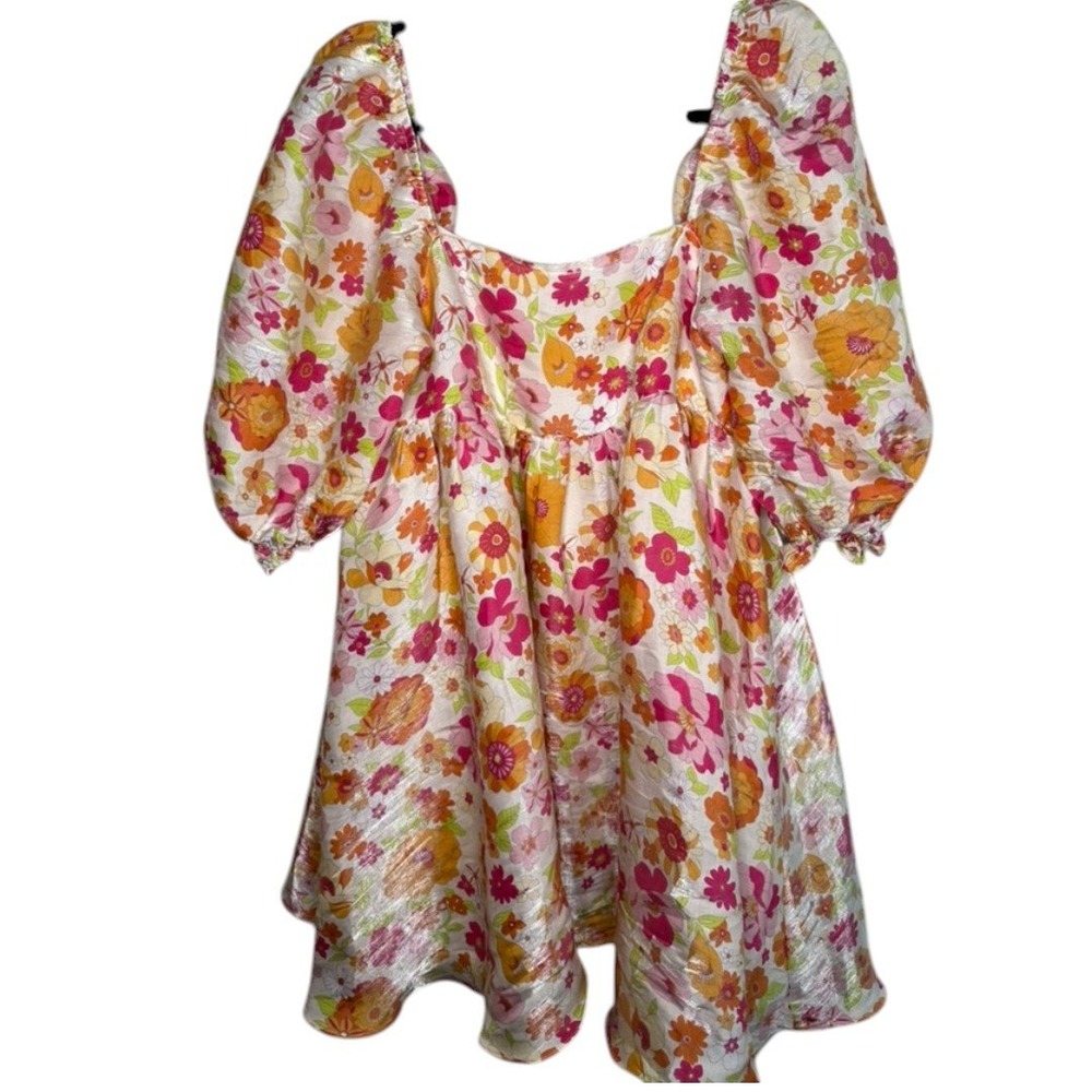 Storia Floral Metallic Puff Sleeve Babydoll Mini Dress Pink Orange Small - Picture 2 of 6